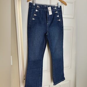 Loft Kick Crop Flare Jeans dark wash with white stitching